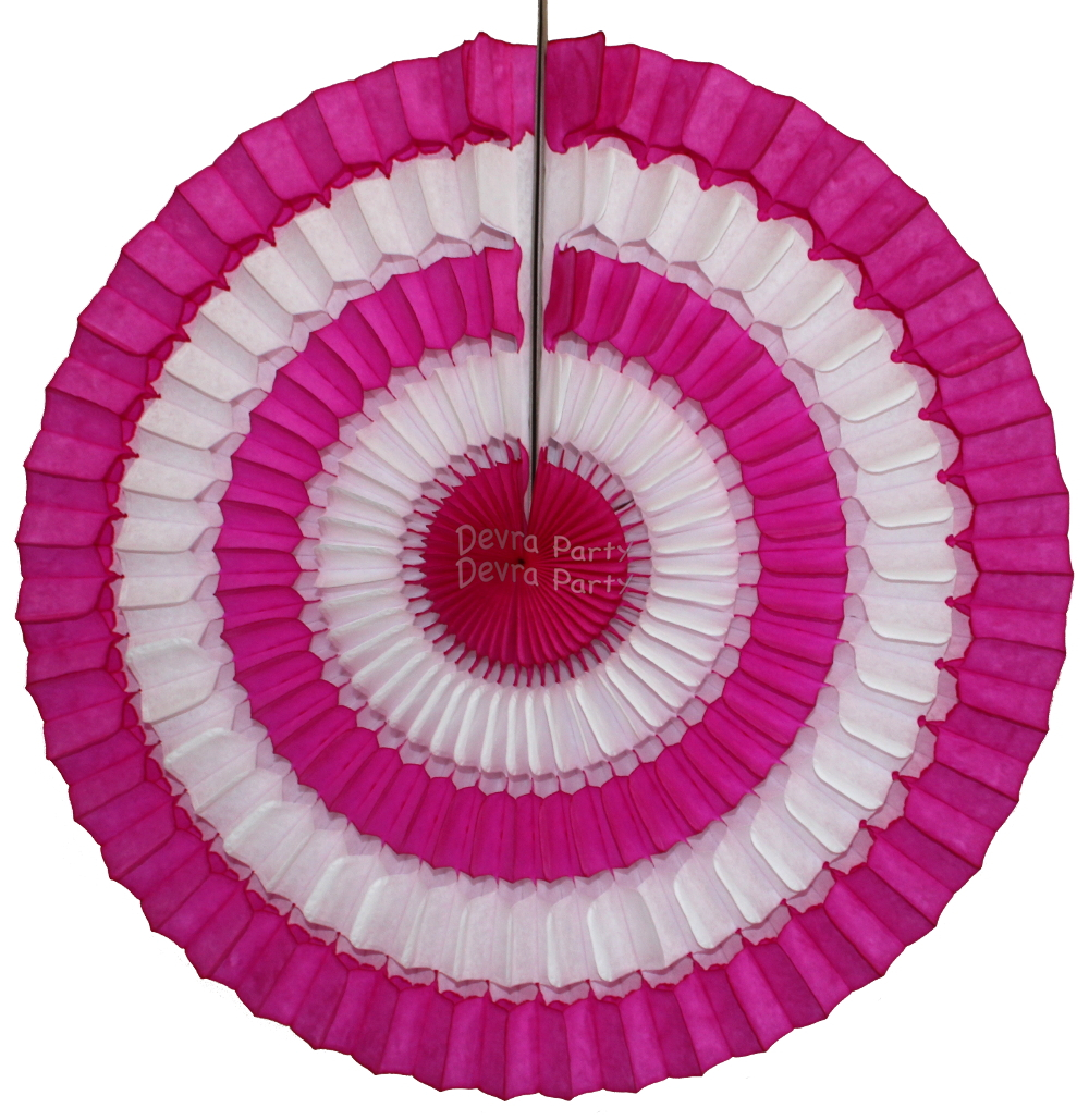 (image for) 16 Inch Striped Tissue Paper Fan Cerise and White (12 pcs)