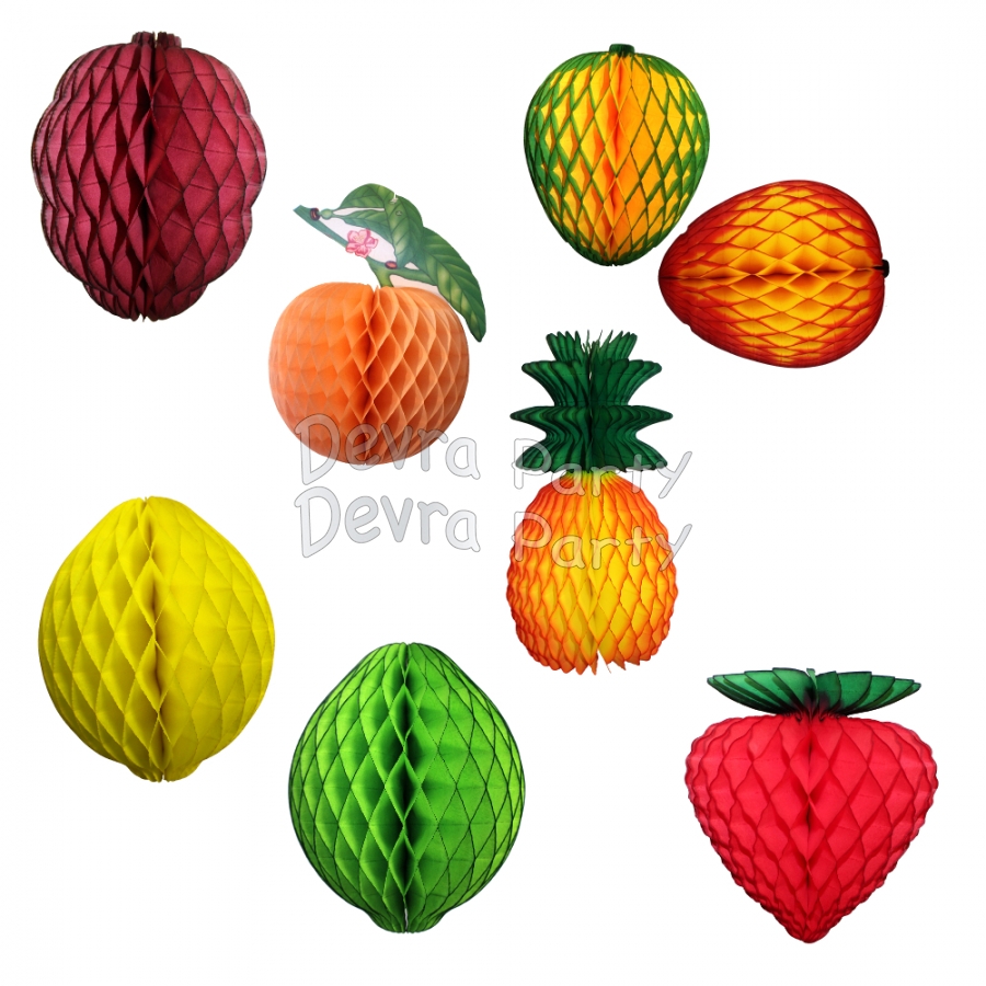 Assorted Large Paper Fruit Honeycomb Decoration Kit (18 pieces) - Click Image to Close