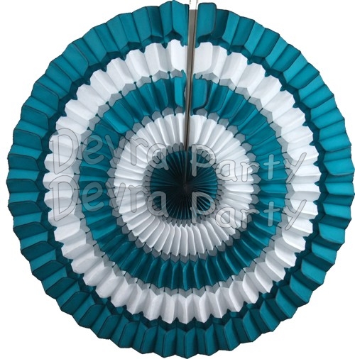 16 Inch Tissue Paper Striped Fan Teal White (12 pcs) - Click Image to Close