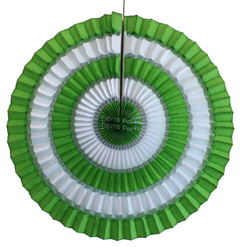 (image for) 16 Inch Striped Tissue Paper Fan Lime Green and White (12 pcs)