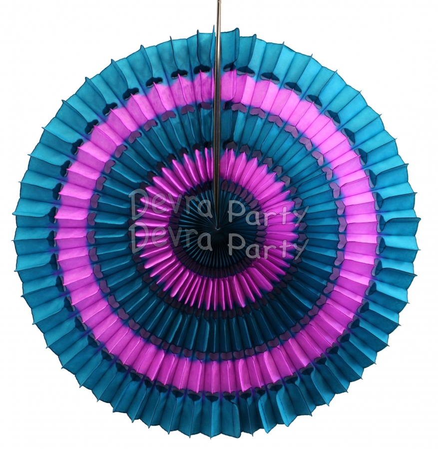 16 Inch Tissue Paper Striped Fan Teal and Vintage Rose (12 pcs) - Click Image to Close